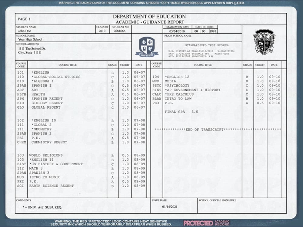 High School Transcripts – One Day Diplomas