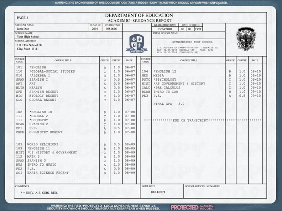 High School Transcripts – One Day Diplomas